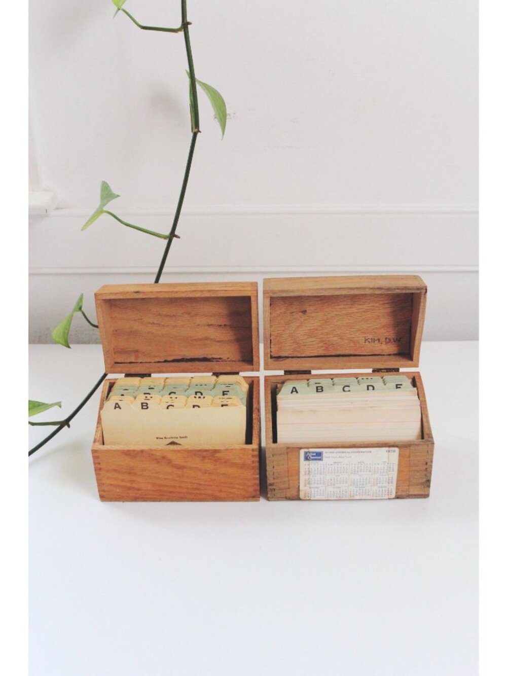 Vintage Wooden Recipe Boxes Card Holder Set - Alphabet Dividers, Hinged Lids, Do